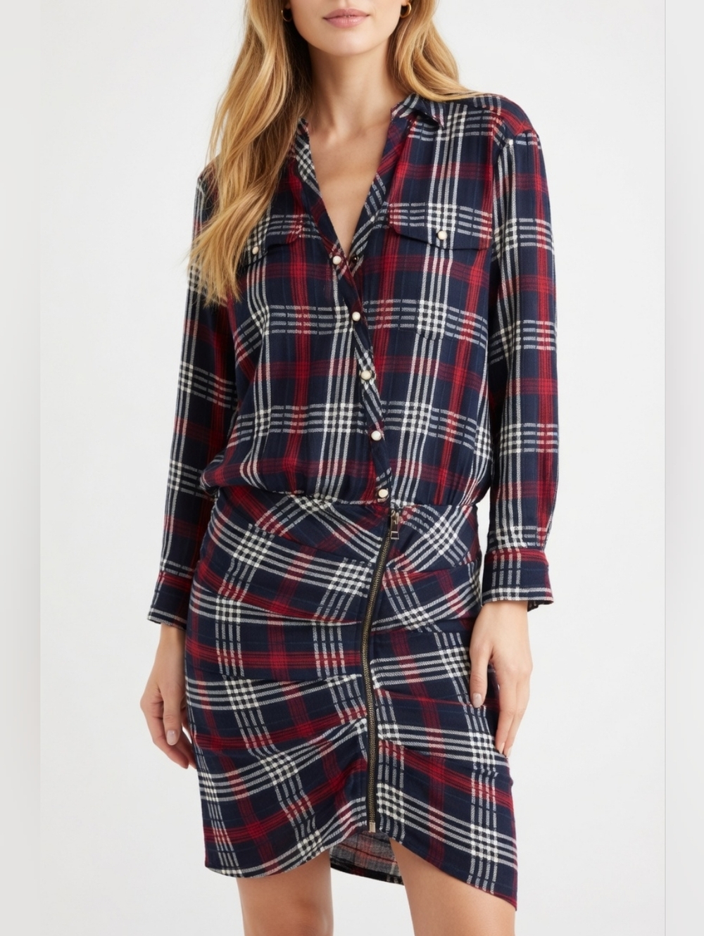 NWT Veronica Beard Emory in Navy Red Plaid Ruched Cargo Short Dress 2 $450